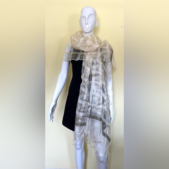 Silk & cotton blend cream color striped wrap extra long shawl - Picture 1 of 15